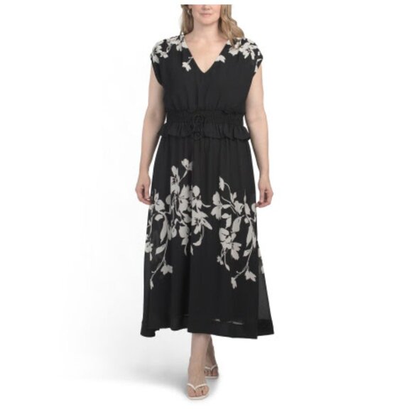 TAYLOR NWT Sheer Lined Short Sleeve Peplum V-Neck Maxi Dress Floral Blk/Wht 18 - Picture 1 of 12